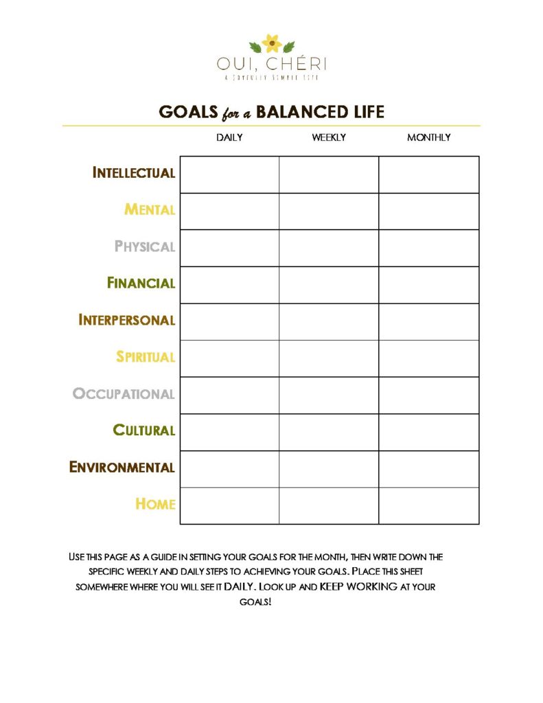 Balanced Life Goal Sheet